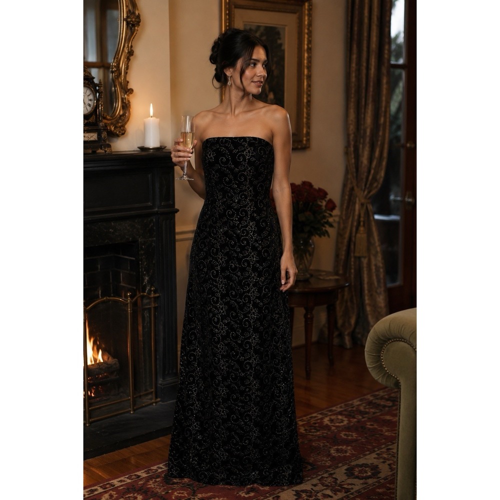 Scott McClintock Gown 10 Vintage Velvet Strapless Maxi Black Silver Embroidered - Picture 3 of 9